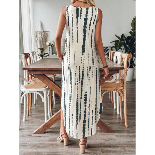 CD | Rochie maxi pentru femei - Ținută relaxată - Fără mâneci - Decolteu în V - Bumbac cu dungi - Siluetă fluidă