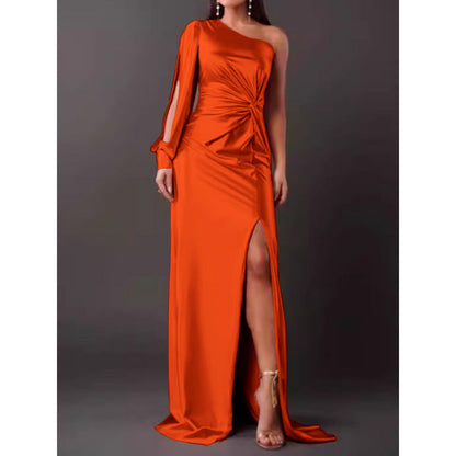 CD | Rochie maxi pentru femei - Satin Finish - Un umăr - Fantă înaltă - Talie încrețită - Slim Fit