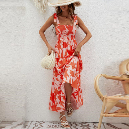 CD | Rochie maxi pentru femei - Partea de sus smocked - Panglici Tie - Fusta Tiered - Bumbac Feel