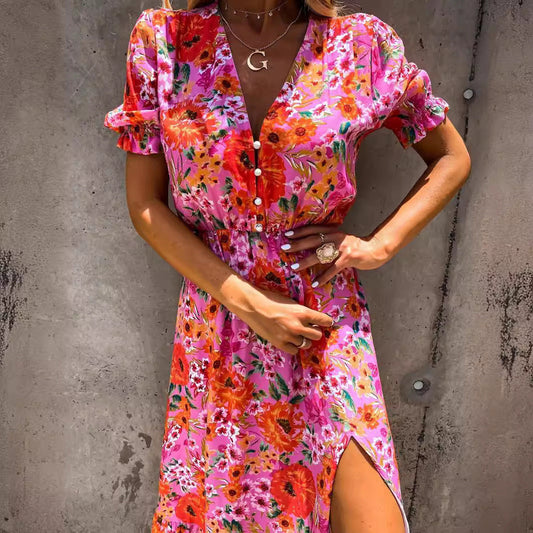 CD | Rochie maxi pentru femei - Talie înaltă - Decolteu în V - Mâneci scurte - Imprimeu floral - Sliț lateral