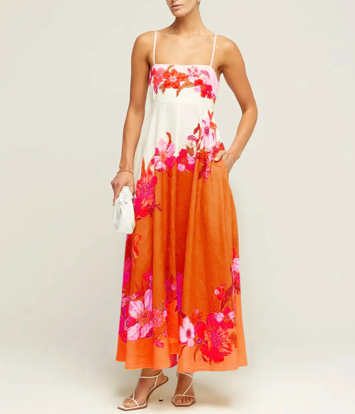 CD | Rochie midi pentru femei - Smocked top - A-line - Spaghetti straps - Amestec de bumbac