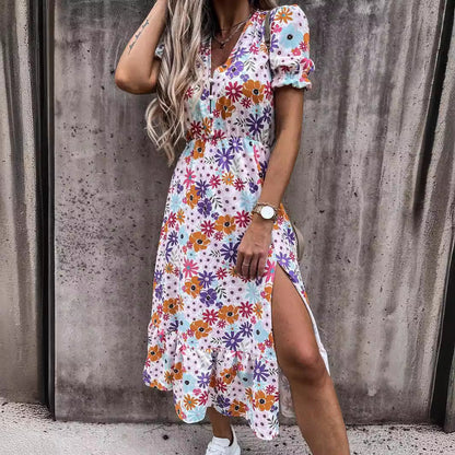 CD | Rochie maxi pentru femei - Talie înaltă - Decolteu în V - Mâneci scurte - Imprimeu floral - Sliț lateral