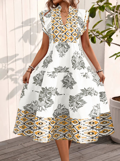 CD | Rochie midi pentru femei - Croială fluidă în formă de A - Guler înalt - Mâneci evazate - Imprimeu floral