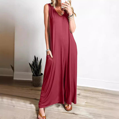 CD | Rochie maxi pentru femei - Tricot moale - Ținută relaxată - Fără mâneci, gât în V cu buzunare