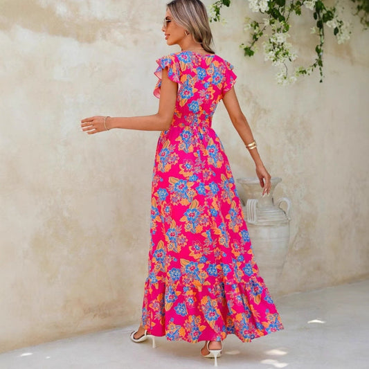 CD | Rochie maxi pentru femei - fără mâneci - decolteu în V - imprimeu floral - tiv cu cravată - croială lejeră