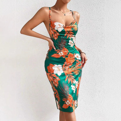 CD | Rochie midi pentru femei - siluetă mulată - bretele spaghetti - decolteu rotund - model floral