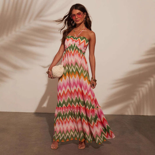CD | Rochie maxi pentru femei - decolteu - fustă cu cravată - imprimeu zigzag - croială fluidă