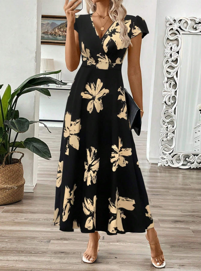 CD | Rochie maxi pentru femei - corsaj cu decolteu în V - imprimeu floral - croială evazată - mâneci cu capac