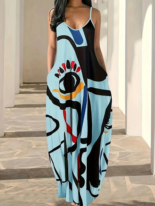 CD | Rochie maxi pentru femei - Imprimeu abstract - Bretele spaghetti - Croială lejeră - Amestec de bumbac