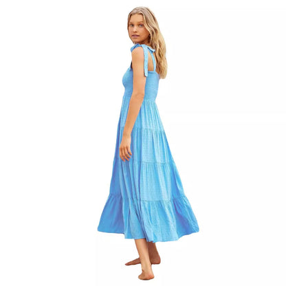 CD | Rochie midi pentru femei - corset smocked - bretele reglabile - fustă A-line cu cravată