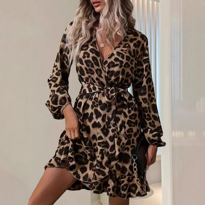 CD | Rochie midi pentru femei - Tailored fit - Decolteu în V - Curea cu cravată - Mâneci balon - Imprimeu leopard
