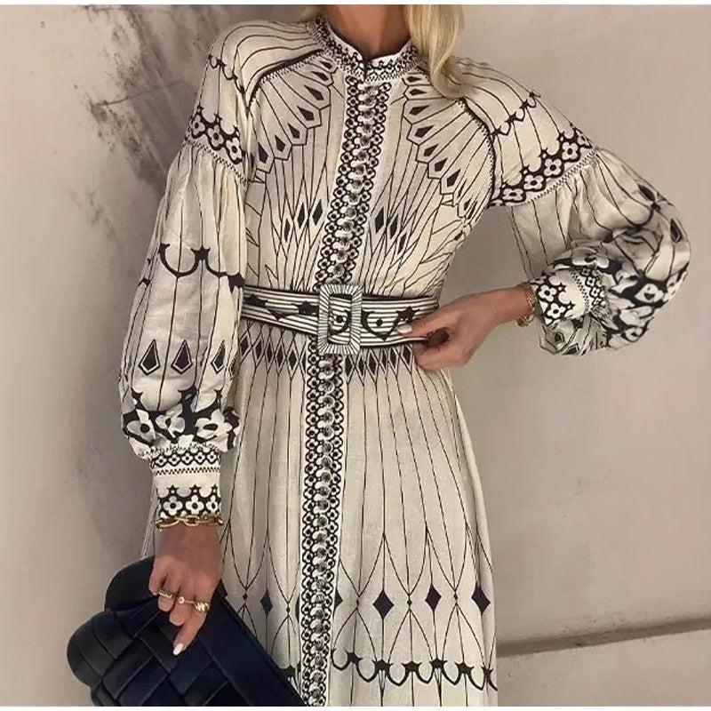 CD | Rochie midi pentru femei - Ținută elegantă - Mâneci lungi - Curea în talie - Fermoar cu nasturi - Model decorat