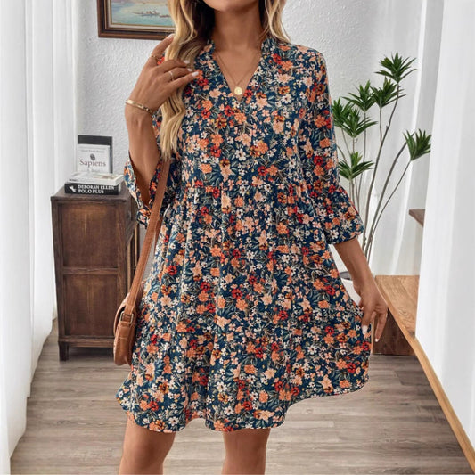 CD | Rochie midi pentru femei - model floral - croială A-line - decolteu în V - mâneci 3/4 evazate - bumbac