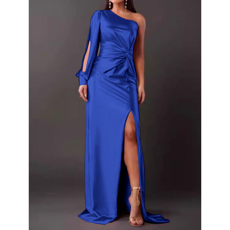 CD | Rochie maxi pentru femei - Satin Finish - Un umăr - Fantă înaltă - Talie încrețită - Slim Fit