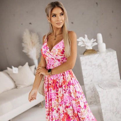 CD | Rochie maxi pentru femei - croială cu decolteu în V - imprimeu floral - bretele reglabile - croială pe măsură