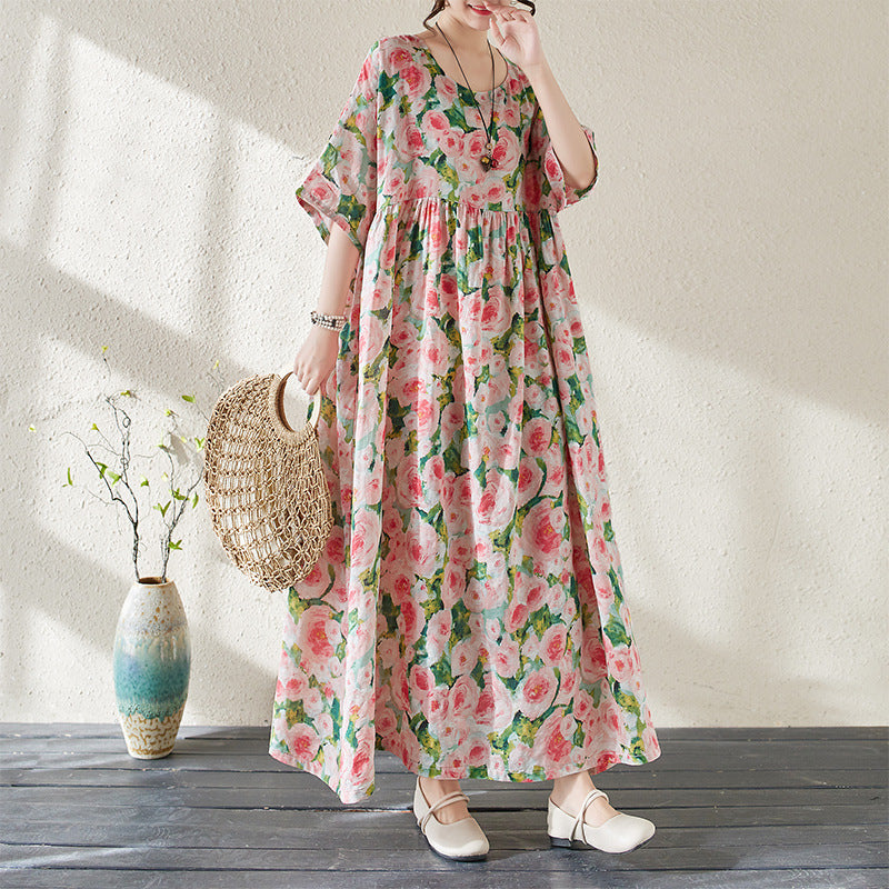 CD | Rochie maxi pentru femei - imprimeu floral - croială lejeră - bumbac ușor - mâneci 3/4