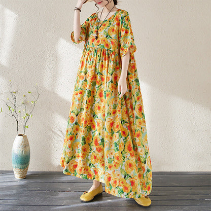 CD | Rochie maxi pentru femei - imprimeu floral - croială lejeră - bumbac ușor - mâneci 3/4