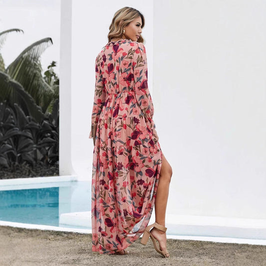 CD | Rochie maxi pentru femei - Chiffon - Croială boemă - Decolteu în V - Mâneci lungi - Imprimeu floral