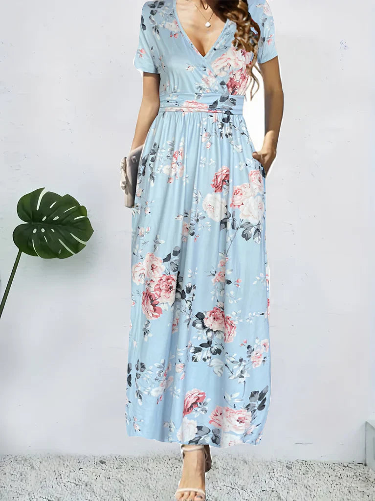 CD | Rochie maxi pentru femei - model floral - croială A-line - decolteu V - mâneci scurte