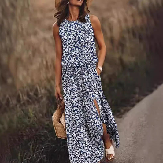 CD | Rochie maxi pentru femei - fără mâneci - imprimeu floral - croială lejeră - amestec respirabil - tiv crăpat - buzunare