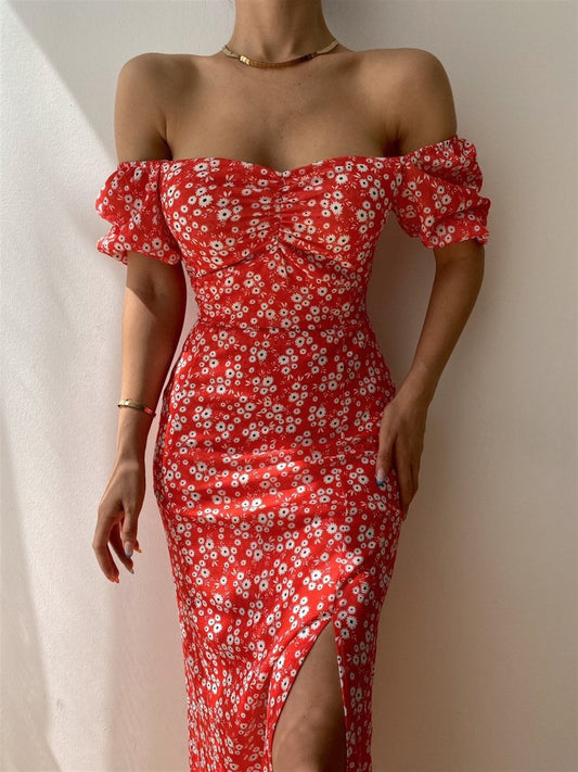 CD | Rochie midi pentru femei - off-the-shoulder - slim fit - ruched top - mâneci bufante - slit