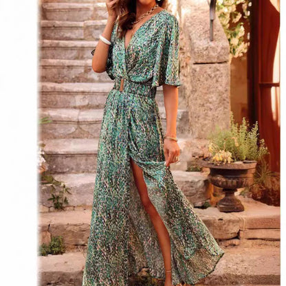 CD | Rochie maxi pentru femei - Decolteu în V - Curea în talie - Mâneci scurte - Fantă laterală Croială fluidă