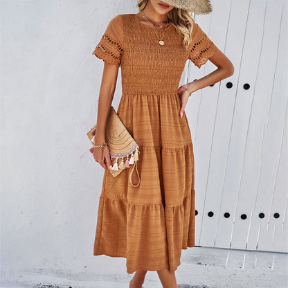 CD | Rochie midi pentru femei - Corset smocked - Fustă evazată - Mâneci cropped - Amestec de bumbac