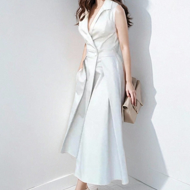 CD | Rochie midi pentru femei - Tailored fit - Decolteu în V cu buton - Fustă evazată - Fără mâneci