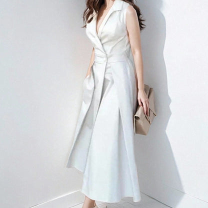 CD | Rochie midi pentru femei - Tailored fit - Decolteu în V cu buton - Fustă evazată - Fără mâneci