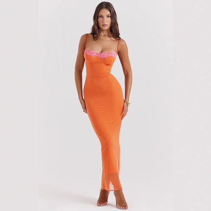 CD | Rochie maxi pentru femei - slim fit - dantelă - bustieră - bretele spaghetti - tiv transparent