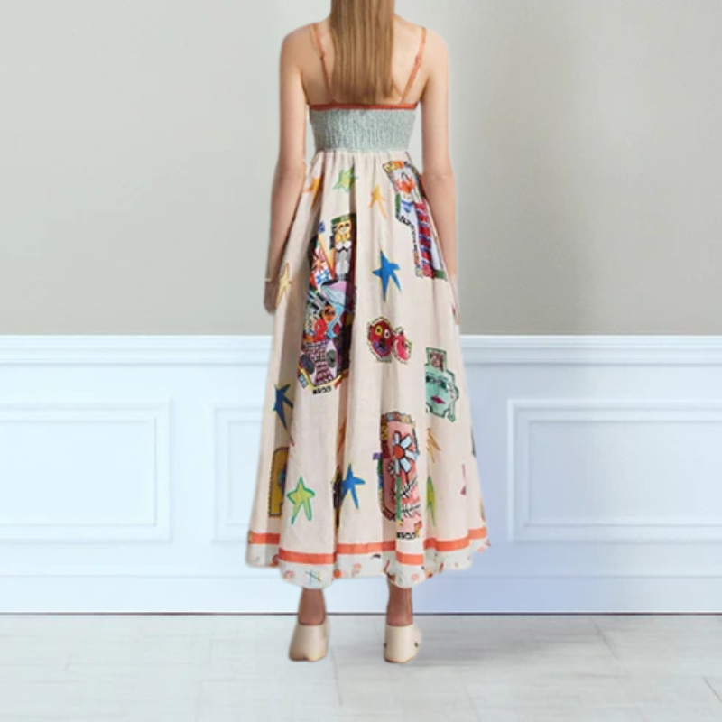 CD | Rochie maxi pentru femei - A-line - Bretele spaghetti - Bumbac ușor - Model imprimat