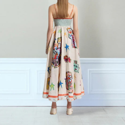 CD | Rochie maxi pentru femei - A-line - Bretele spaghetti - Bumbac ușor - Model imprimat