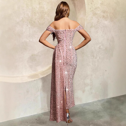CD | Rochie de seară pentru femei - off-the-shoulder - siluetă ajustată - rochie lungă cu paiete