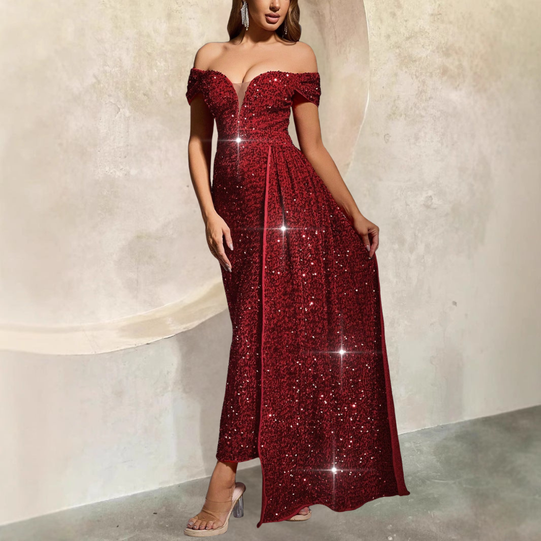 CD | Rochie de seară pentru femei - off-the-shoulder - siluetă ajustată - rochie lungă cu paiete
