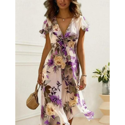 CD | Rochie midi pentru femei - Șifon ușor - Decolteu în V - Mâneci încrețite - Imprimeu floral