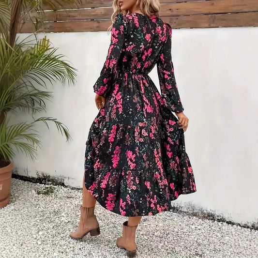 CD | Rochie midi pentru femei - Model floral - Ținută relaxată - Fustă cu cravată - Amestec respirabil