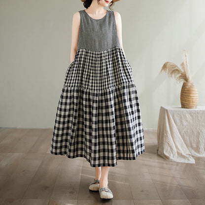 CD | Rochie maxi pentru femei - A-line fit - fără mâneci - bumbac - mixed dotted & checked