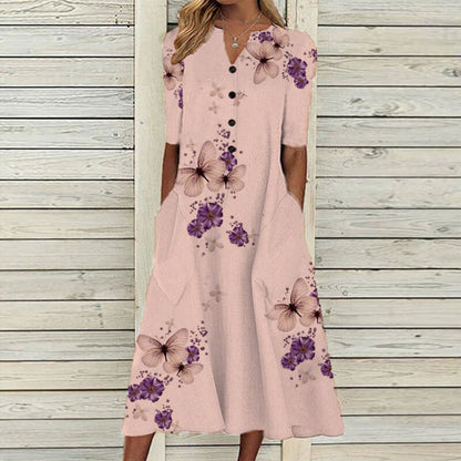 CD | Rochie midi pentru femei - decolteu în V - butonieră - mâneci scurte - imprimeu floral cu fluturi - buzunare