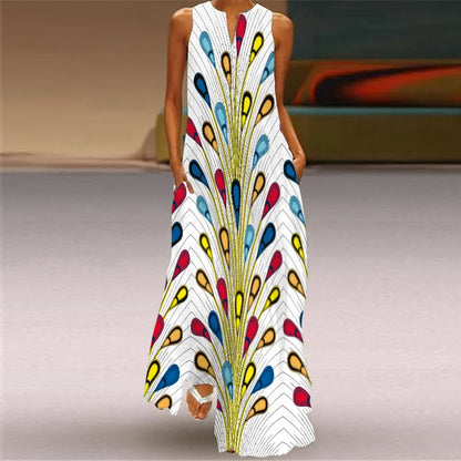 CD | Fresh florale imprimare de vară gât deschis rochie lungă V-Neck fără mâneci rochie de plajă cu buzunare