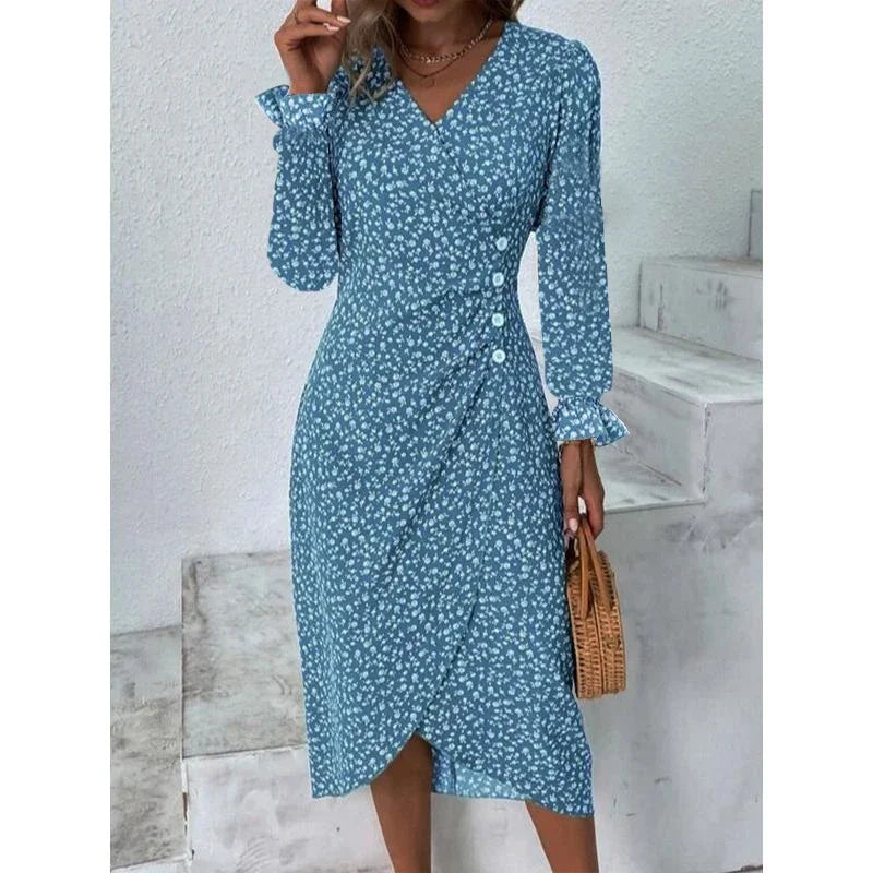 CD | Rochie midi elegantă plisată floral cu mâneci bufante și decolteu în V