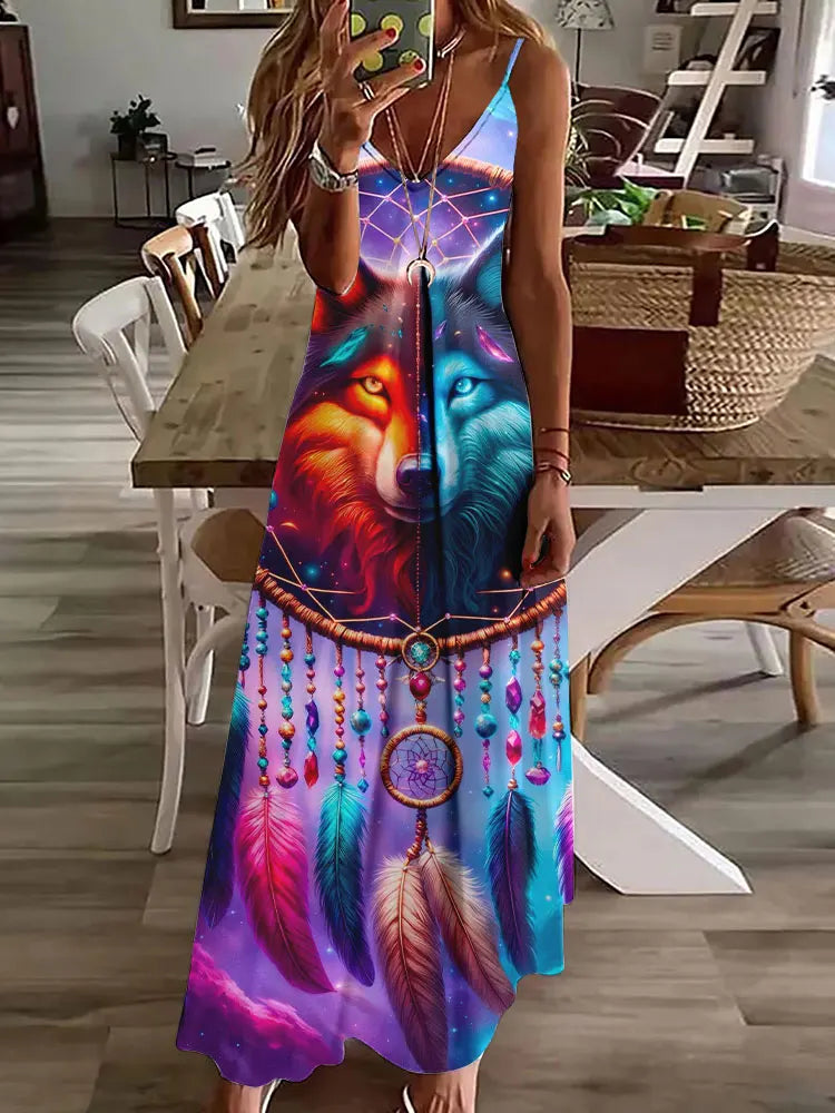 CD | 2024 New 3D Owl Vintage Print Sleeveless Vest Long Women Tribal Pattern Spaghetti Strap Dress Summer Long Loose Vest Dresses
