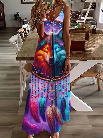 CD | 2024 New 3D Owl Vintage Print Sleeveless Vest Long Women Tribal Pattern Spaghetti Strap Dress Summer Long Loose Vest Dresses