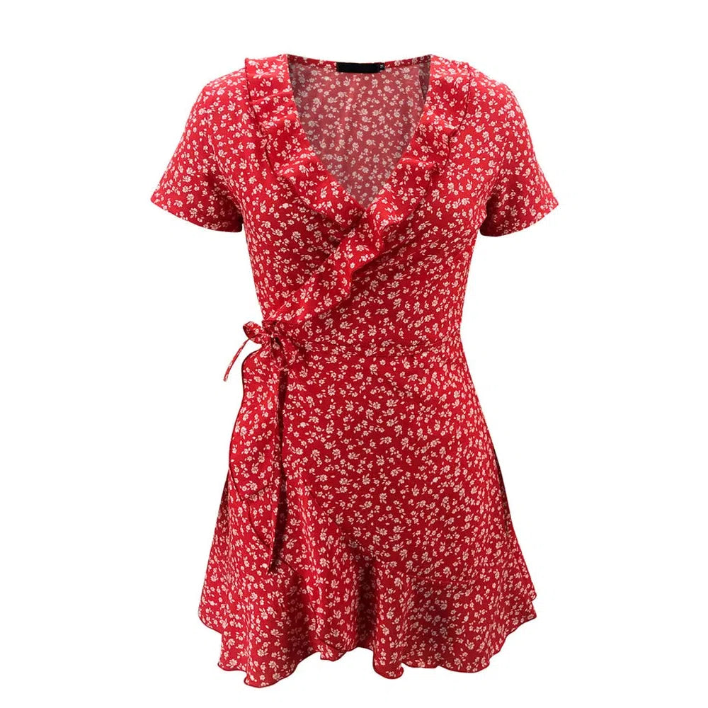 CD | Vara doamnelor florale A-Line rochie Elegant Ruched V-Neck Mini rochie
