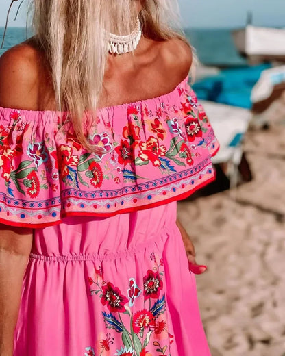 CD | Primăvară vară Rochie maxi fără umăr cu imprimeu floral roșu Fără mâneci Ținută lejeră tiv lat pentru petreceri și purtare casual