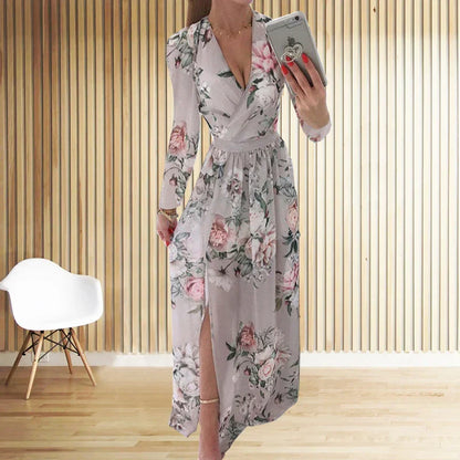 CD | Amazon eBay Cross Border Summer Chiffon imprimate rochie lungă V-Neck maneca lunga Split stil pentru femei