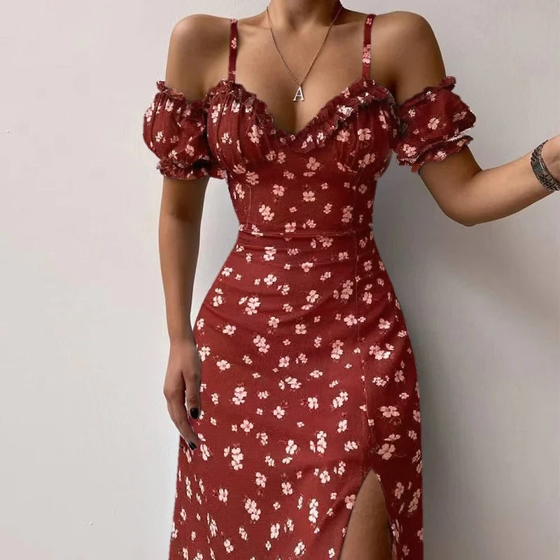 CD | Rochie lungă elegantă fără umeri cu decolteu în V și imprimeu floral
