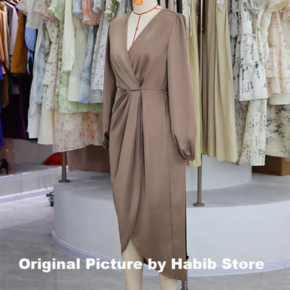 CD | femei rochie maxi satin solid drapat mătase V-neck mâneci lungi