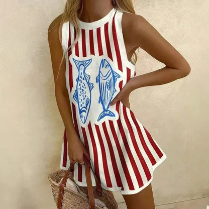 CD | Femei Puzzle imprimare rochie de vară fără mâneci peste genunchi Mini rochie Casual Tank Top rochie de plajă pentru femei