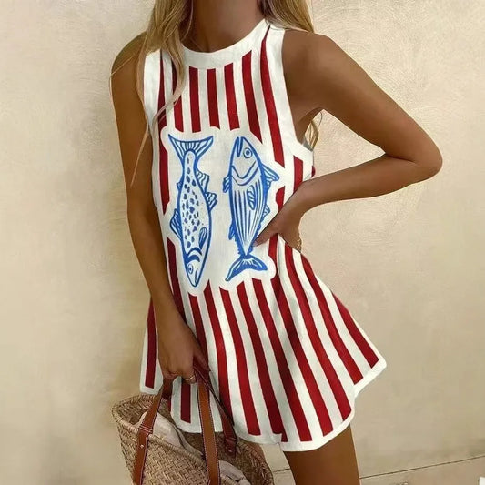 CD | Femei Puzzle imprimare rochie de vară fără mâneci peste genunchi Mini rochie Casual Tank Top rochie de plajă pentru femei