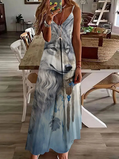 CD | 2024 New 3D Owl Vintage Print Sleeveless Vest Long Women Tribal Pattern Spaghetti Strap Dress Summer Long Loose Vest Dresses